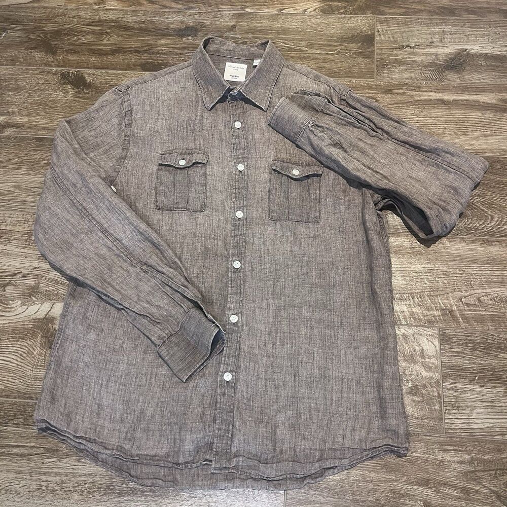 Murano Baird McNutt Linen Shirt Mens L Tan Slim Fit Irish Linen Button Up